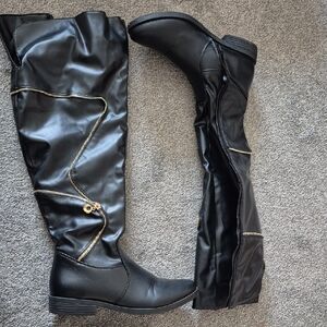Henry Ferrera Black Over the Knee Boots with Gold Zippers